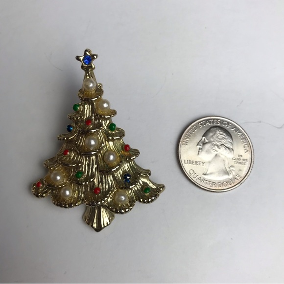 Vintage Gold Tone Christmas Tree Pearl Rhinestone Brooch Pin Marked Taiwan - Picture 8 of 8